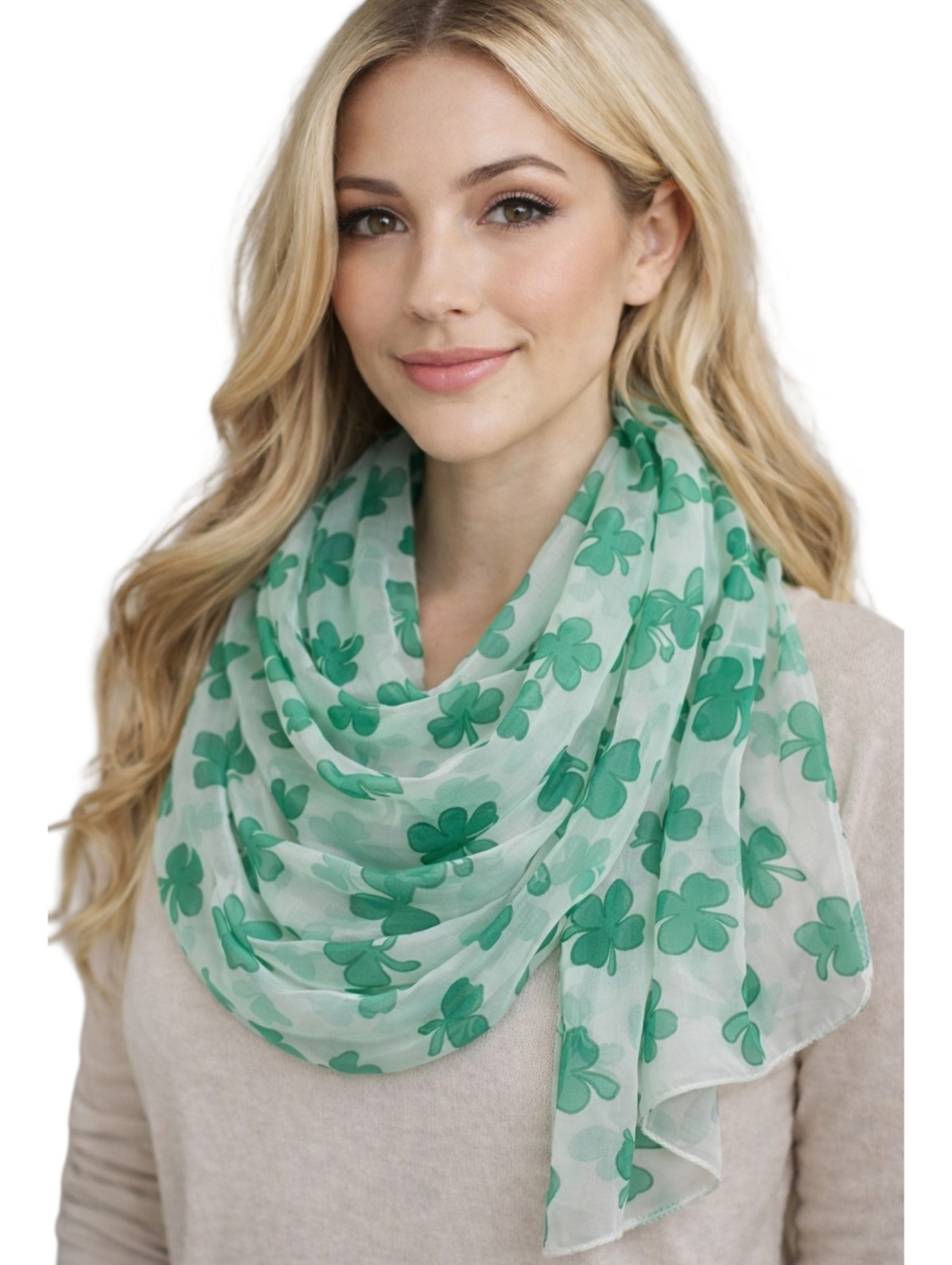 Green Shamrock Sheer Scarf Lightweight Chiffon Wrap White & Green